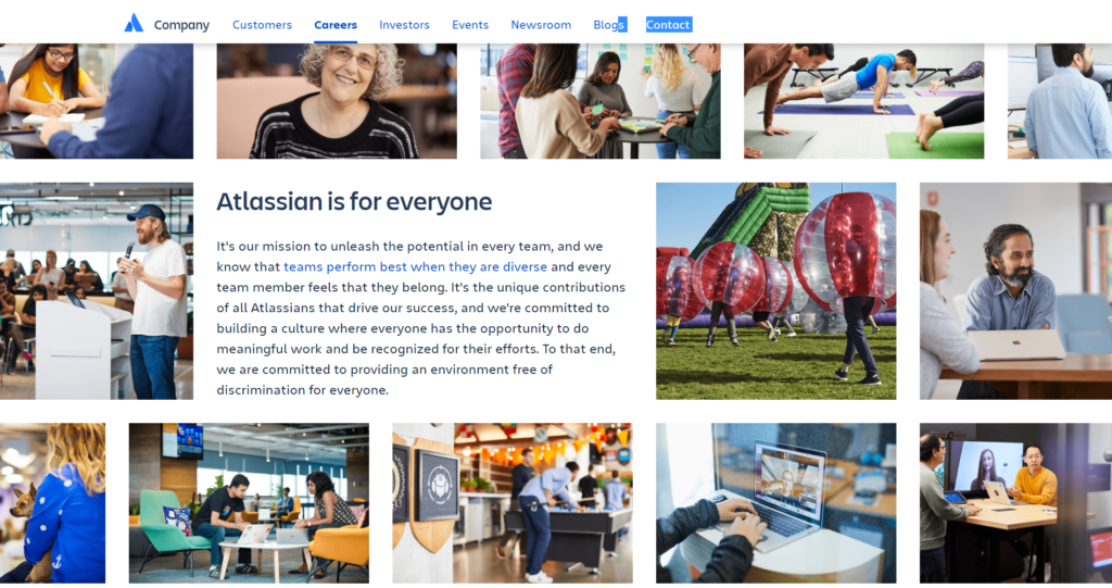 Atlassian's career page features a collage of employees and delivers a powerful message on diversity and inclusion