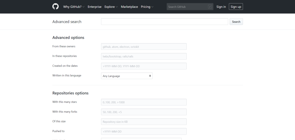 Image of GitHub's advanced search console